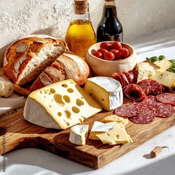 Obraz Assorted cheese and charcuterie presentation with sliced bread cherry tomatoes and beverages on a wooden board in rustic kitchen setting