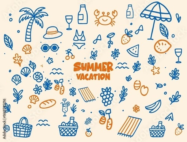 Fototapeta summer vintage icon set. Palm tree, sun and sea, seashells, coral, in doodle sketch style. Beach and sea travel elements.