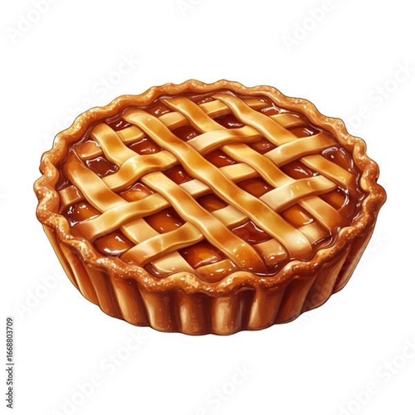 Obraz A delicious, freshly baked apple pie with a golden-brown lattice crust, presented as a detailed digital illustration on a clean white background.
