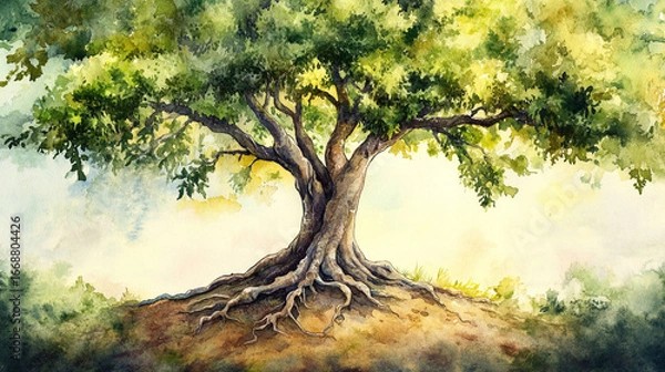 Fototapeta Majestic ancient tree watercolor painting showing large roots and lush green foliage against a soft sky