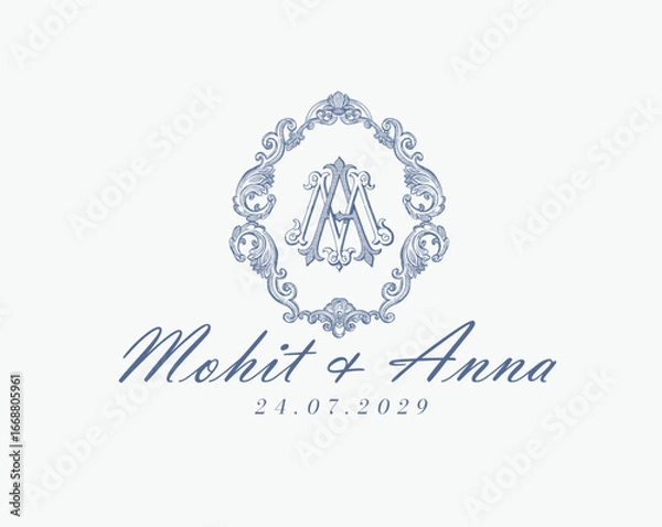 Fototapeta Wedding logo monogram crest vector design royal style blue color illustration monogram crest
