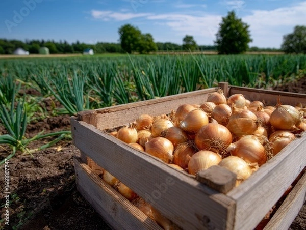 Fototapeta Freshly harvested onions filling wooden crate in onion field