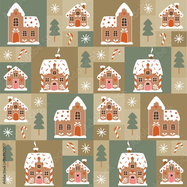 Obraz Bauhaus Christmas Pattern with Gingerbread Houses, Candy Canes and Snowflakes
