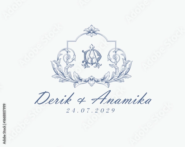 Fototapeta Wedding logo monogram crest vector design royal style blue color illustration monogram crest
