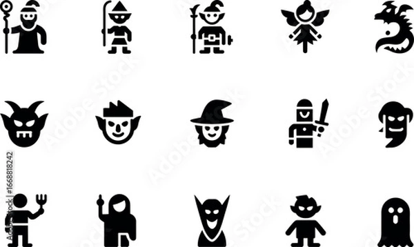 Fototapeta Fantasy Character Icons:  Bold Black Glyph Set,  Game Design,  App UI.