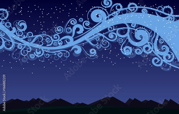 Fototapeta starry night in the mountains. swirly abstract milky way. simple nature background. blue sky.