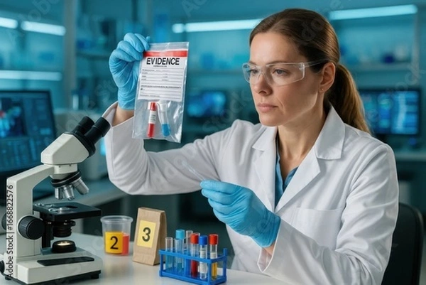 Fototapeta A scientist meticulously examines evidence in a laboratory setting, surrounded by test tubes and microscopes
