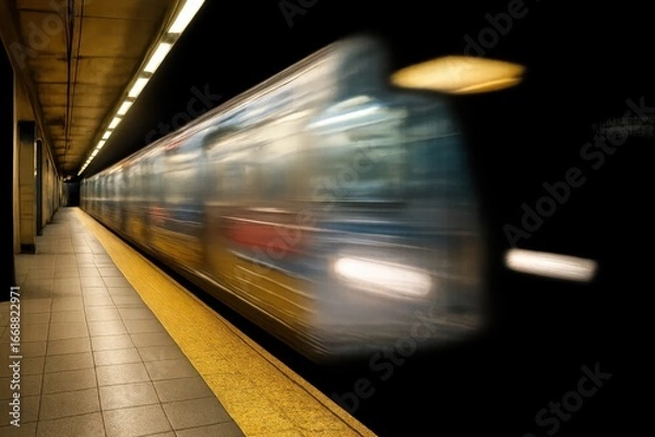 Fototapeta Rushing through the darkness, a subway train blurs into motion