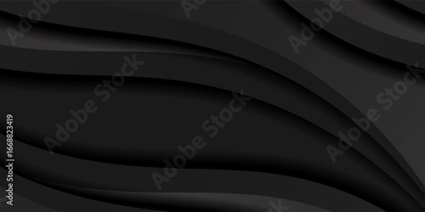 Fototapeta Black abstract background design. Modern wavy line pattern (guilloche curves) in monochrome colors. Premium stripe texture for banner, business backdrop. Dark horizontal vector template