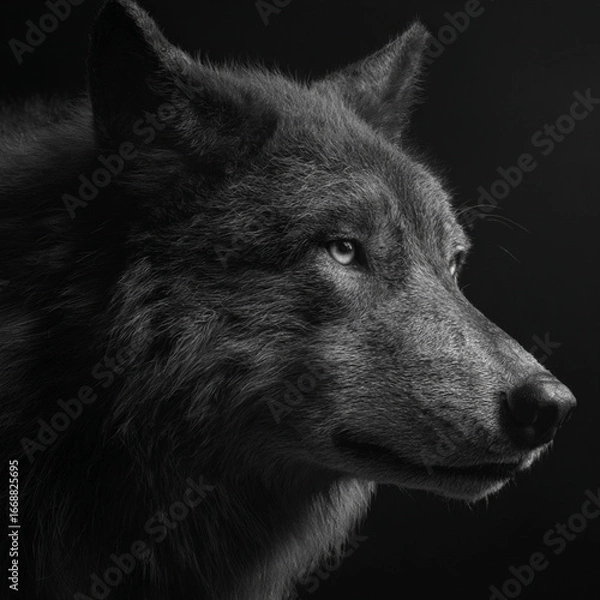Fototapeta wolf, close-up, alert expression, detailed fur, focused on face and shoulders, dramatic high-contrast lighting, cinematic wild animal portrait.