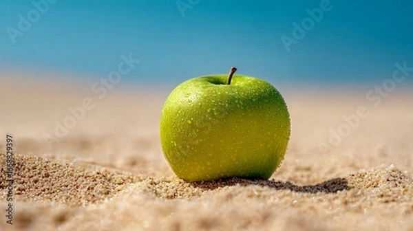 Fototapeta Negative space around a green apple on a sandy backdrop