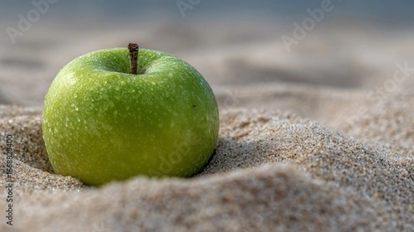 Fototapeta Negative space around a green apple on a sandy backdrop