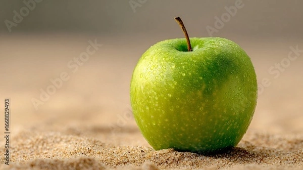 Fototapeta Negative space around a green apple on a sandy backdrop