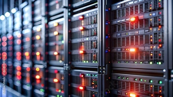 Fototapeta Rows of glowing server racks in a modern data center