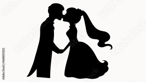 Obraz Silhouette of a bride and groom kissing while holding hands in a romantic wedding scene image