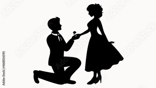 Fototapeta Silhouette of a man proposing to a woman with a flower in his hand on a white background scene