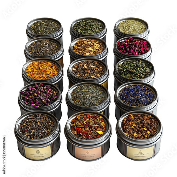 Obraz Colorful assortment of loose teas in tin canisters showcasing various flavors and aromas for tea lovers.