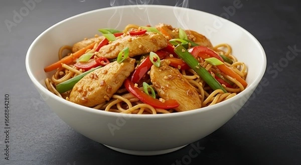 Fototapeta Chicken stir fry with noodles and vegetables in a white bowl.