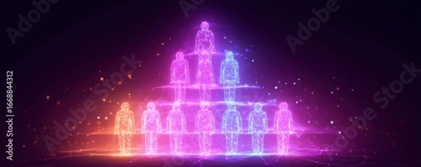 Fototapeta Digital Pyramid of Connected Figures in Neon Glow