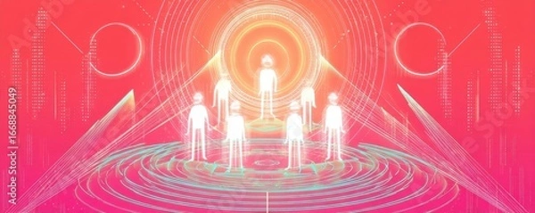 Fototapeta Figures in Ethereal Light Above Vibrant Circular Pattern