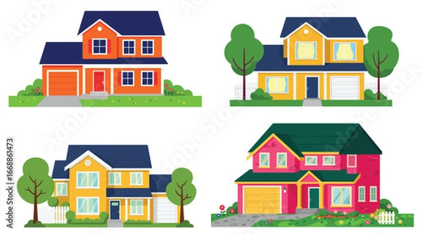 Obraz Collection of colorful two-story suburban homes, vector illustration, flat design