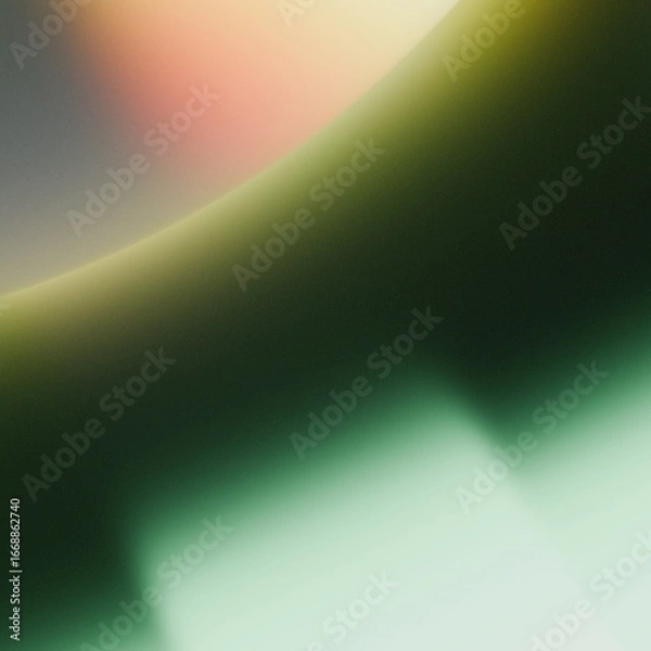 Fototapeta Abstract background with curved gradient of dark green, mint and peach blending into soft cream highlights in blurred form. Soft focus, subtle grain, and gentle glowing effect.