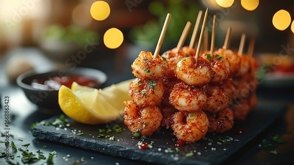 Obraz Spiced shrimp skewers on a slate board