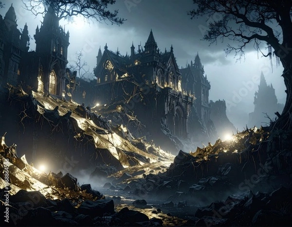 Obraz Generated image　ダークファンタジー風の崩れゆく城郭
