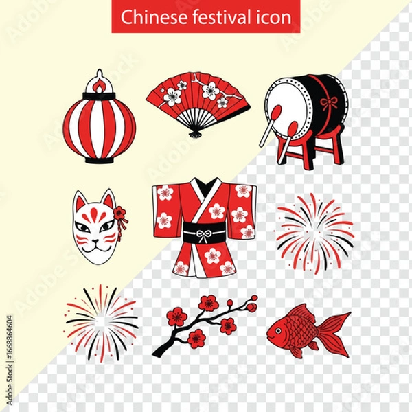 Obraz Collection of chinese new year festival icons in red and white colors doodles style icon set