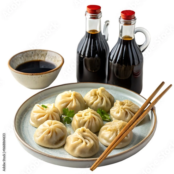 Obraz A plate of dumplings with soy sauce isolated on a transparent background