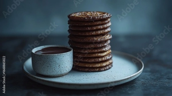 Obraz Stacked chocolate cookies beside a small cup of melted chocolate