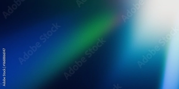 Fototapeta Abstract gradient background with blue, green, and white light blur, featuring soft prism glow and subtle grain texture in a modern retro style.