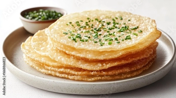 Obraz Stacked, golden-brown, thin, crispy pancakes topped with fresh chives