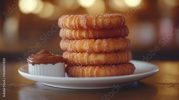Obraz Stacked, sugared doughnuts with chocolate sauce