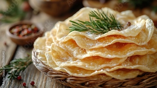 Obraz Stacked, sugared flatbreads on a rustic plate, garnished with rosemary