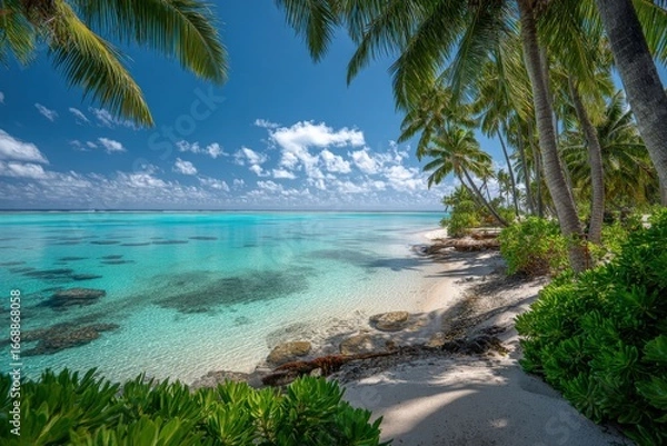 Fototapeta Tropical Paradise Beach Scene with Azure Water, Palm Trees, and White Sand in Summer