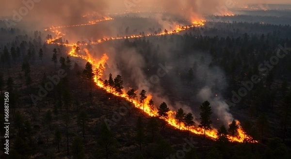 Obraz Forest fire raging through trees at dusk.