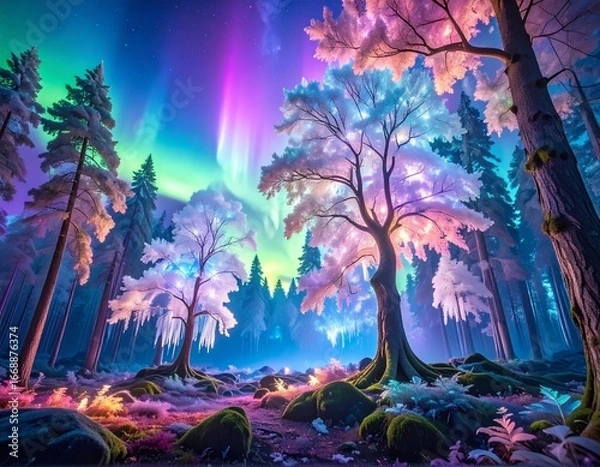 Fototapeta Enchanted crystal forest with glowing leaves under colorful aurora