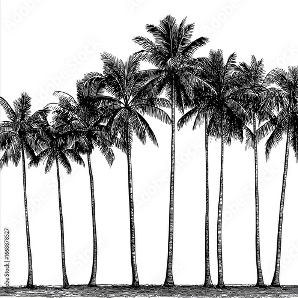 Fototapeta palm trees in a row illustration black and white outline sketch vector style on white isolated background.
