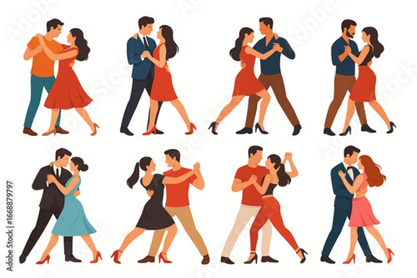 Fototapeta Flat vector illustration of couples dancing salsa bachata and tango in colorful dynamic poses