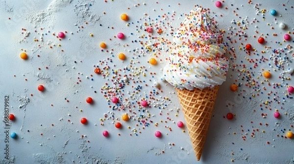 Obraz Sweet waffle cone filled with white ice cream, topped with colorful sprinkles and candy