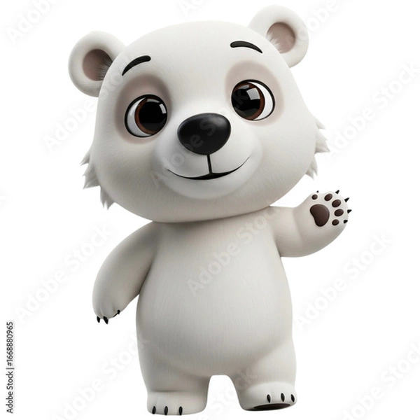 Fototapeta Adorable 3D cartoon polar bear character standing upright with big expressive eyes, a friend smile, and soft rounded features, isolated on a transpare background. Perfect for children’s media, animati