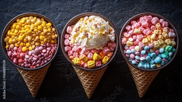 Obraz Three ice cream cones, each topped with a different colorful candy mix, sit atop a dark stone surface
