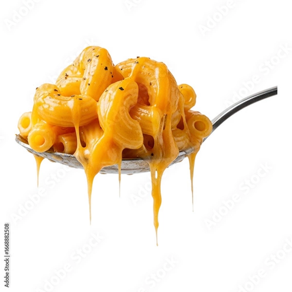Fototapeta A spoonful of creamy macaroni and cheese with melted cheese dripping down on a white background close up