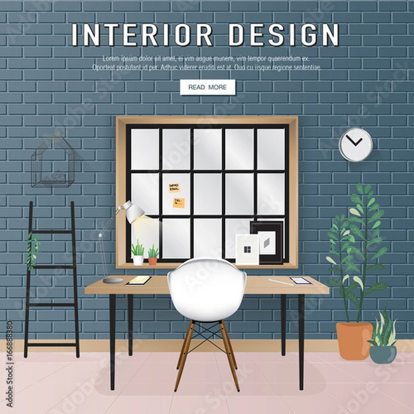 Obraz Minimal Workspace Interior Design on blue brick wall