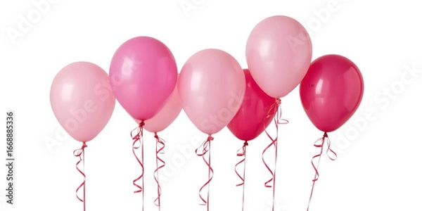 Fototapeta Pink Balloons: A charming array of pink balloons floats with delicate ribbons, against a crisp backdrop, invoking celebration and joy.