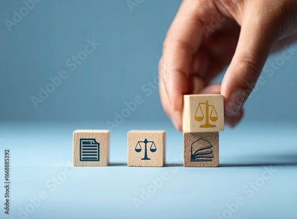 Fototapeta Hand placing wooden cube with scales of justice icon atop stack of cubes showing document, scales, and books, symbolizing legal process