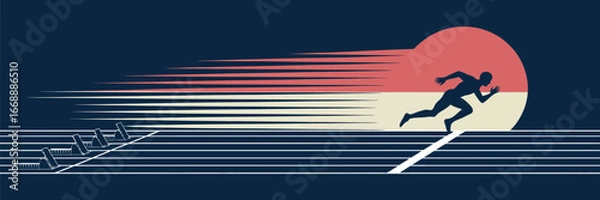 Fototapeta A silhouette of a runner sprinting from starting blocks on a track with a sun in the background design