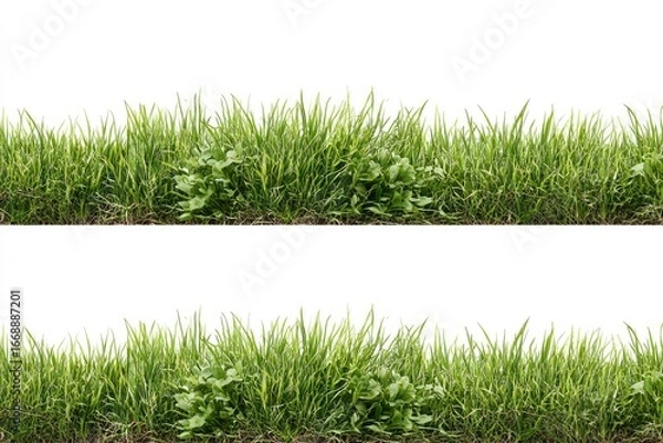 Fototapeta Two identical horizontal rows of vibrant green grass, including small, dark green weeds, atop a thin brown soil line, isolated on a white background