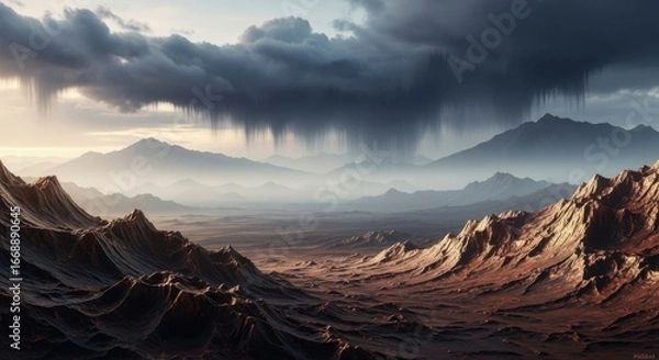 Obraz Dramatic alien landscape with storm clouds and rocky terrain